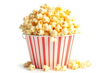 Buttery popcorn overflowing a charming paper bucket, isolated on white,  happy,  paper bucket