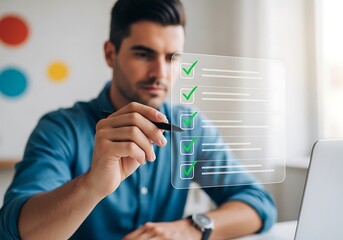Man checking off items on a digital checklist with a pen