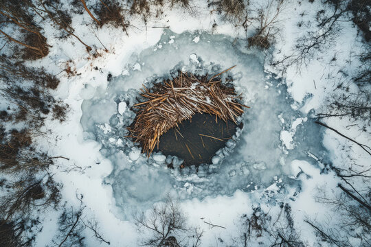 Aerial view of beaver lodge surrounded by ice and snow - Powered by Adobe