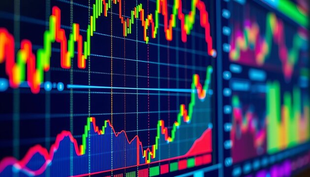 Close-up of vibrant stock market index charts and diagrams displayed on a screen,   market capitalization,  market trends