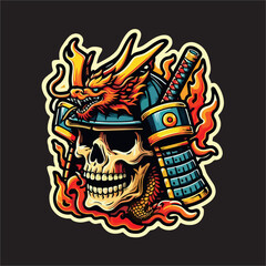 A vector illustration drawing of samurai skull head colored line