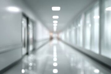 Blurred hospital hallway, bright, spacious