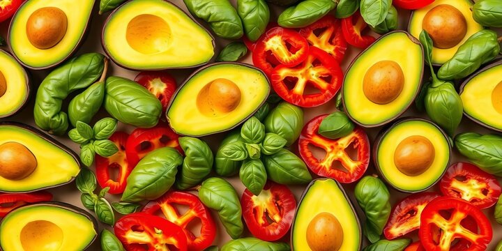 Vibrant avocado halves, basil leaves, and red pepper slices in a repeating pattern, texture, surface - Powered by Adobe