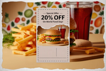 Delicious burger and fries promotion with 20 percent off on world food day special offer