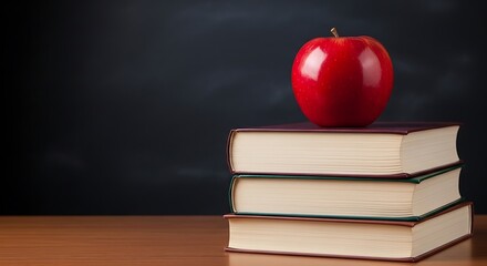 Red Apple on Stack of Books Symbolizing Education and Learning Academic Achievement and Knowledge on Wooden Desk with Blackboard Background