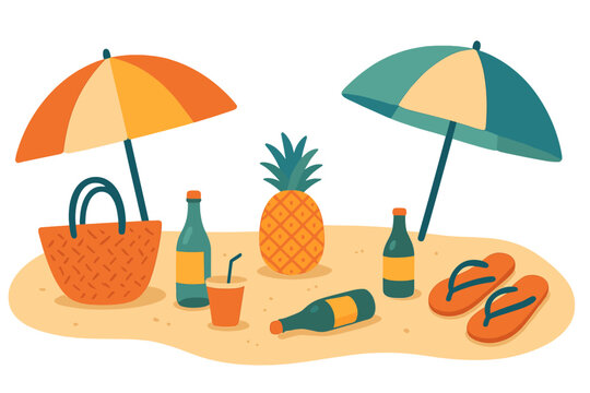 A vibrant illustrated summer setting showcases beach necessities such as a flamingo floatie, a striped umbrella, tropical fruits, and several relaxing items