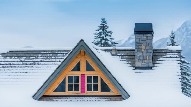 Snowcovered roof of a charming alpine house with a stone chimney and triangular dormer window, set against a backdrop of majestic, mistshrouded winter mountains