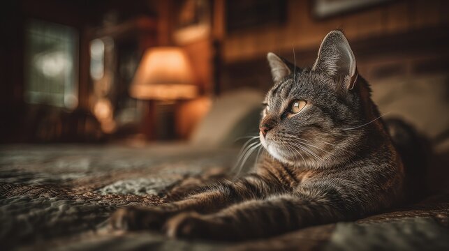 A tabby house cat stretches luxuriously on a comfortable bed in the soft morning light, enjoying a peaceful moment of relaxation indoors by a warm lamp glow.