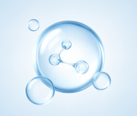 Hyaluronic acid molecule inside transparent blue serum bubble. Hydration and skincare concept. Vector illustration