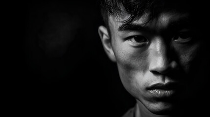 Fototapeta premium Intense young Asian man in shadow, staring seriously with clenched jaw and copy space on black background. drama, film posters, psychological themes, awareness campaigns