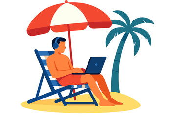 Fototapeta premium A remote worker sits with a laptop under an umbrella on a tropical beach surrounded by a palm tree and overlooking the ocean