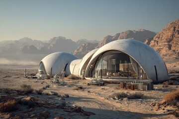 Obraz premium Futuristic habitat in a desert landscape showcasing advanced architecture and human activities