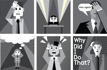 Greyscale illustration series depicting stressed, regretful business characters in confusion and decision moments