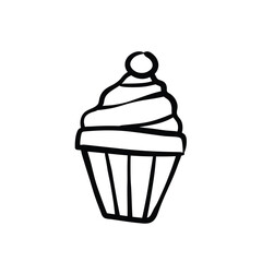 Handdrawn illustration of a cupcake with swirl frosting and a cherry on top.