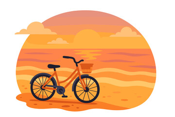 Fototapeta premium A bicycle sits on a serene beach pathway surrounded by palm trees under warm sunny skies