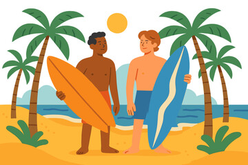 A woman surfer with a smile holds her surfboard on a sunny beach, prepared to catch the waves in the summer ocean