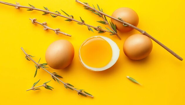 Single farm fresh brown boiled egg on yellow background Minimalist healthy food flat lay,  simple food,   minimal