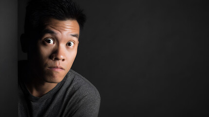 Startled Asian man with raised eyebrows and widened eyes showing shock and hesitation, emotional moment captured with copy space for humorous, dramatic uses