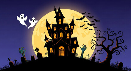 Spooky Halloween Night, Haunted Castle, Graveyard, Illustrative Art, Creepy Setting, Side View