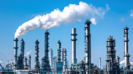 Obraz premium Industrial complex with smoke stacks against a clear blue sky