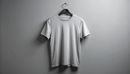 Blank white t-shirt mockup hanging on a black hanger against a grey wall. Clean template for apparel design presentation.