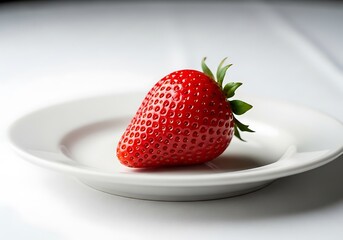 A single strawberry rests on a white plate.