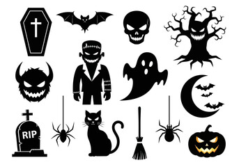 Halloween silhouette elements isolated on white background, spooky and scary