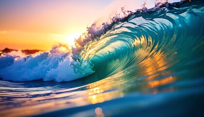 Stunning sunset over a vibrant ocean wave