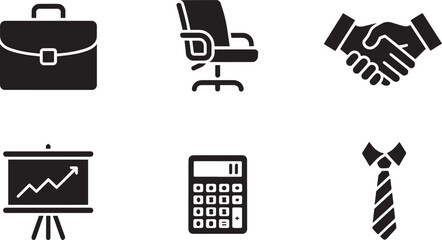 Business and Finance Icons Set Briefcase Office Chair Handshake Graph Calculator Tie Black Silhouette