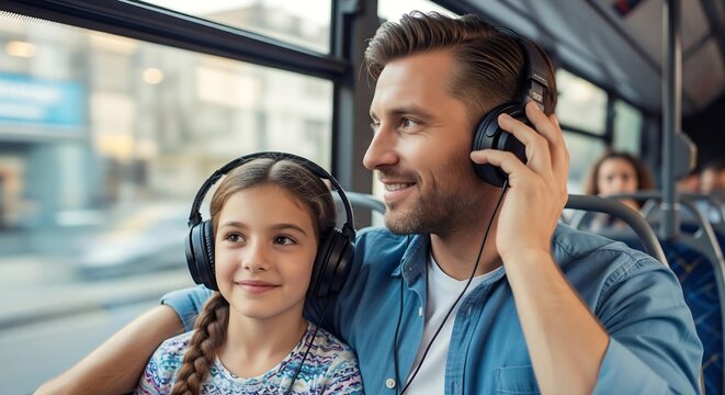 A photorealistic mockup of a father and daughter sharing a large pair of headphones on a city bus, listening to music and smiling.