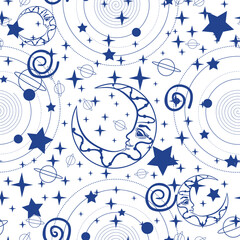 Fototapeta premium Celestial pattern featuring moons, stars, planets, and cosmic spirals in a mesmerizing blue and white design