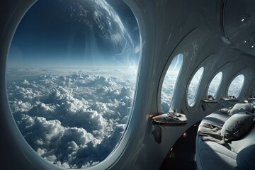 Naklejka premium Luxury spacecraft interior with breathtaking view of Earth and clouds