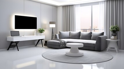 Obraz premium Luxury studio apartment interior design with armless soft grey couch, pale grey marble floor, workspace corner with clean white desk, round stool and ultrathin laptop, 3D Illustrations. 3D Rendering,