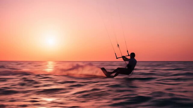 Kite Surfer Gliding Across Ocean Waves During Sunset With Vibrant Sky and Dynamic Movement