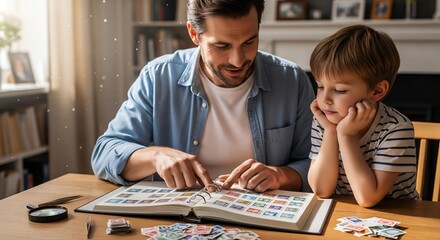 Fototapeta premium A father and son looking at a stamp collection together, with the dad pointing to a specific stamp and telling a story about it.