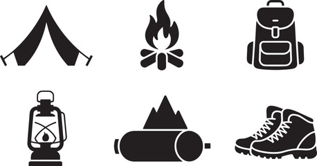 Camping and Outdoor Adventure Icons Collection Tent Fire Backpack Lantern Sleeping Bag Boots