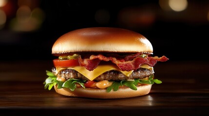 A delicious gourmet burger with crispy bacon,  on blurred background 
