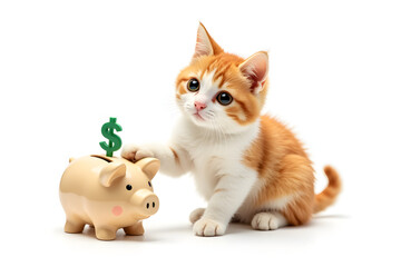 Obraz premium cat with money box piggy bank isolated on a white background.