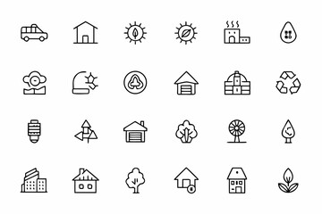 A sophisticated one-line art set emphasizing sustainable building concepts. Perfect for architectural portfolios, design blogs, and environmental presentations