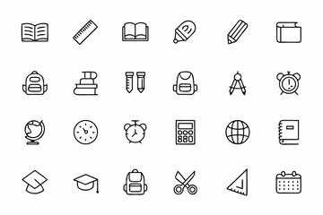 A thoughtful and clean line vector set capturing childhood learning, school supplies, and classroom icons. Great for worksheets, infographics, and educational branding.