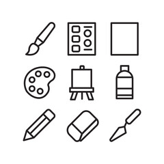 Art Supplies and Creative Tools Outline Icons Set on Isolated White Background
