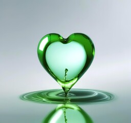 A single drop of green biofuel shaped like a heart, hovering above a reflective surface