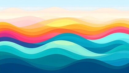 Vibrant abstract seascape illustration with colorful flowing waves. A modern, fluid depiction of an ocean sunset landscape.