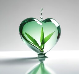 A single drop of green biofuel shaped like a heart, hovering above a reflective surface