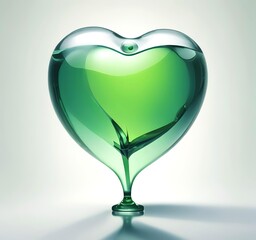 Obraz premium A single drop of green biofuel shaped like a heart, hovering above a reflective surface