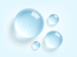 Hydrating gel droplet with transparent texture. Liquid drops, serum, gel or collagen texture. Skin care cosmetic hydration spots. Vector illustration