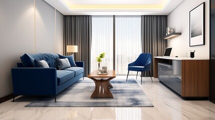 Luxury studio apartment interior design with deep blue sofa, minimalist office corner with walnut desk and ergonomic office chair, open laptop, 3D Illustrations. 3D Rendering,