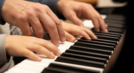 Obraz premium A close-up shot of a father's hands on piano keys next to his son's smaller hands, as he teaches him a simple melody.
