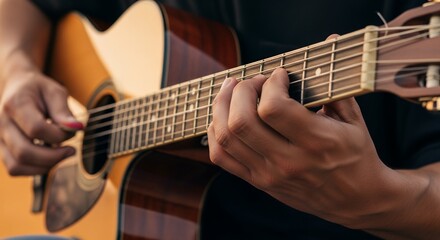 Fototapeta premium Close-up of a person's hands playing an acoustic guitar, focusing on the fretboard and strings. Concept for musical performance, artistic expression and entertainment event