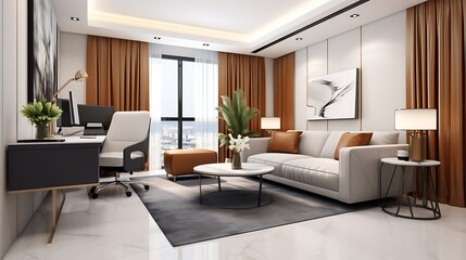 Fototapeta premium Luxury studio apartment interior design with tan leather sofa, modern corner office with white desk, black office chair, and open laptop, 3D Illustrations. 3D Rendering,